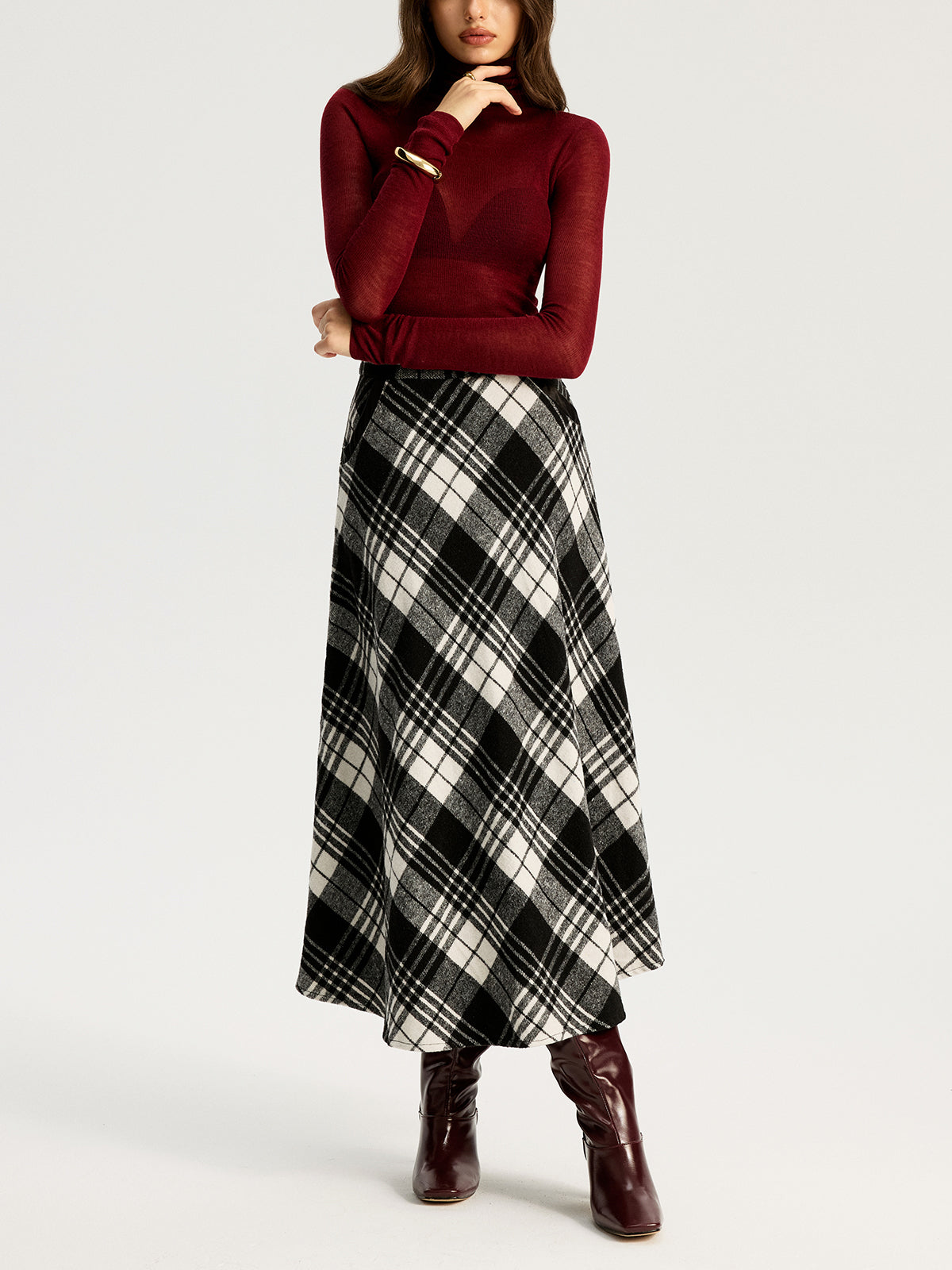 High Waist Line Flared Plaid Long Skirt
