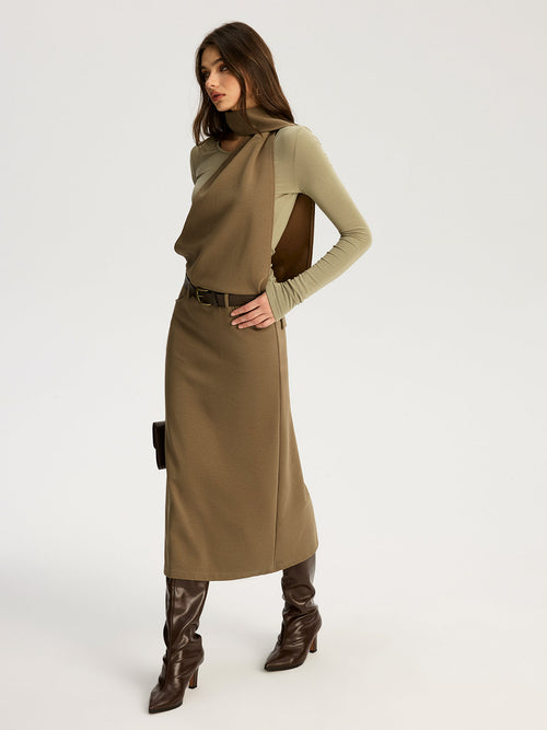 2 in 1 Long Sleeve Halter Neck Belted Maxi Dress