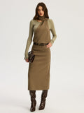 2 in 1 Long Sleeve Halter Neck Belted Maxi Dress