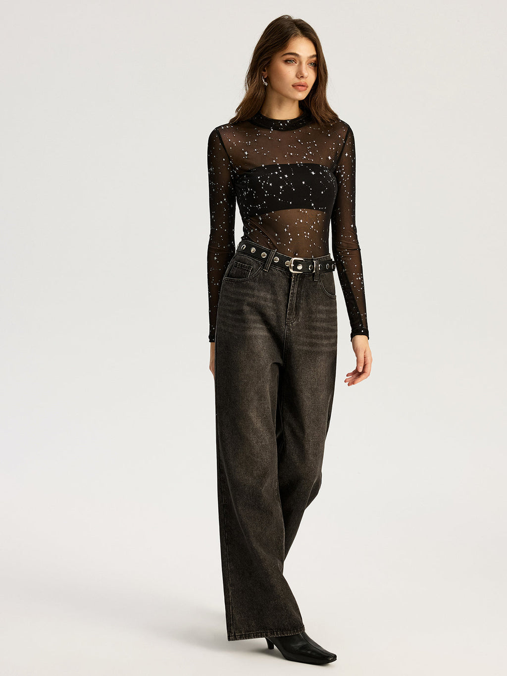 Body à manches longues en maille transparente motif étoiles scintillantes