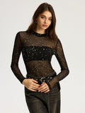 Body à manches longues en maille transparente motif étoiles scintillantes