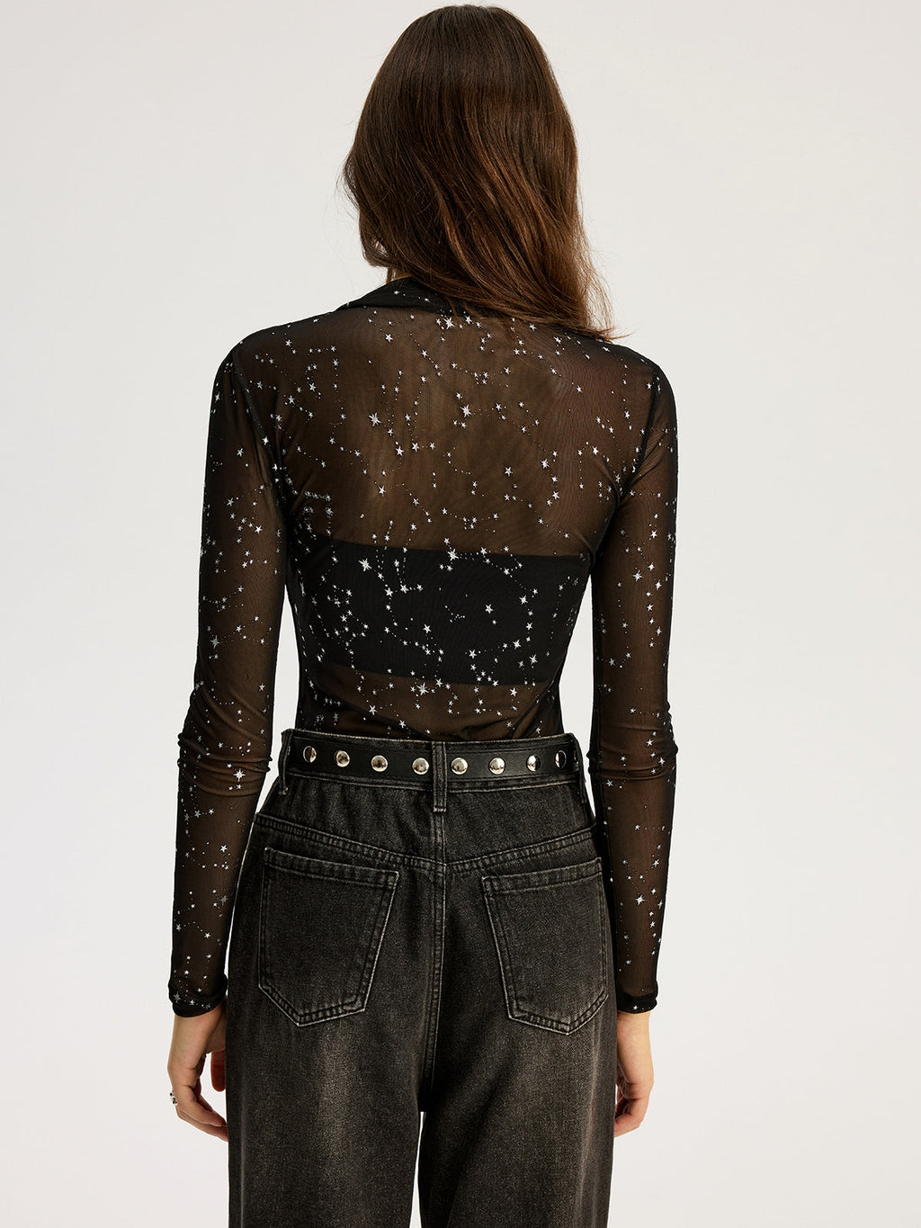 Body à manches longues en maille transparente motif étoiles scintillantes
