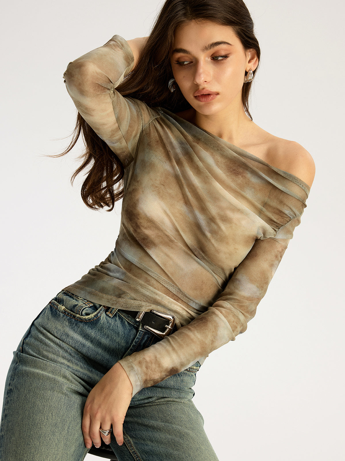 Tie Dye Print Off-shoulder Long Sleeve Top