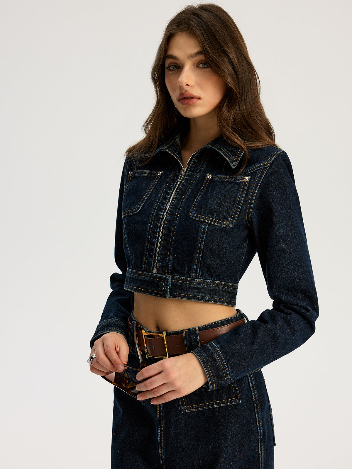 Zip Front Cropped Denim Jacket