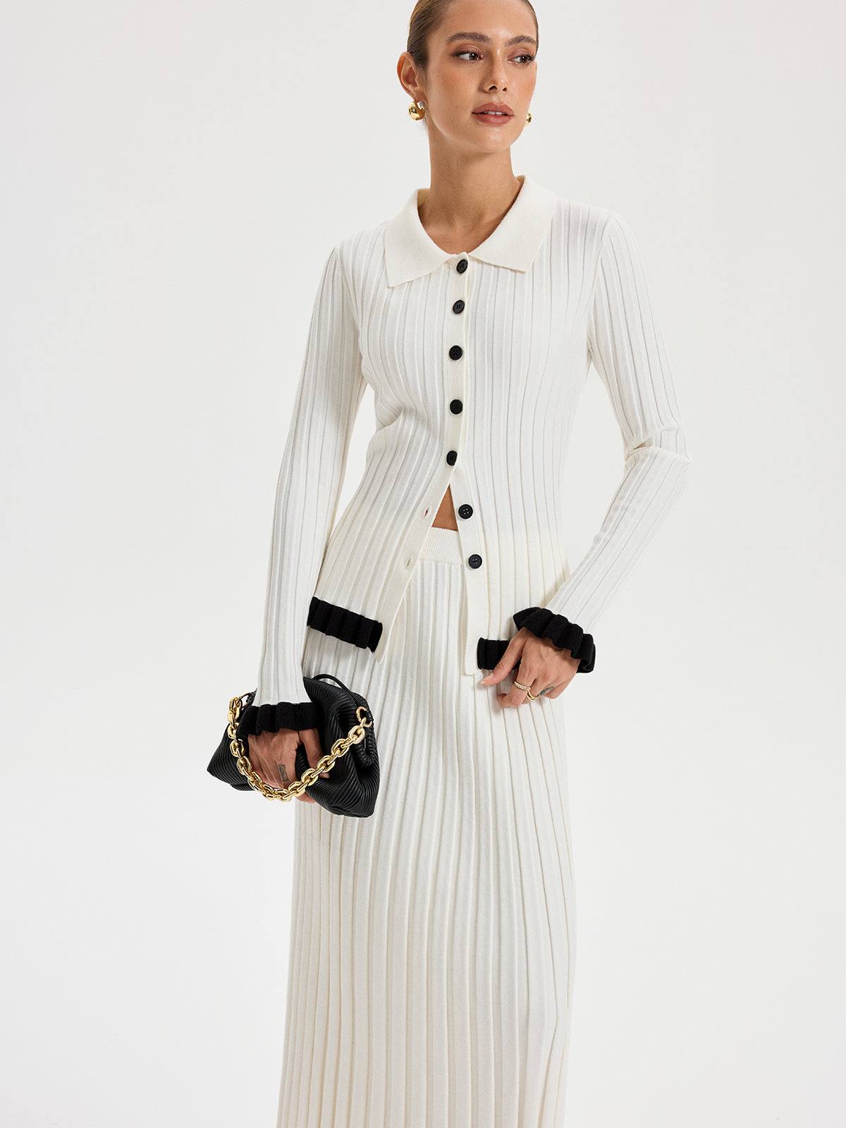 Rib-knit Cardigan with Contrasting Ruffles