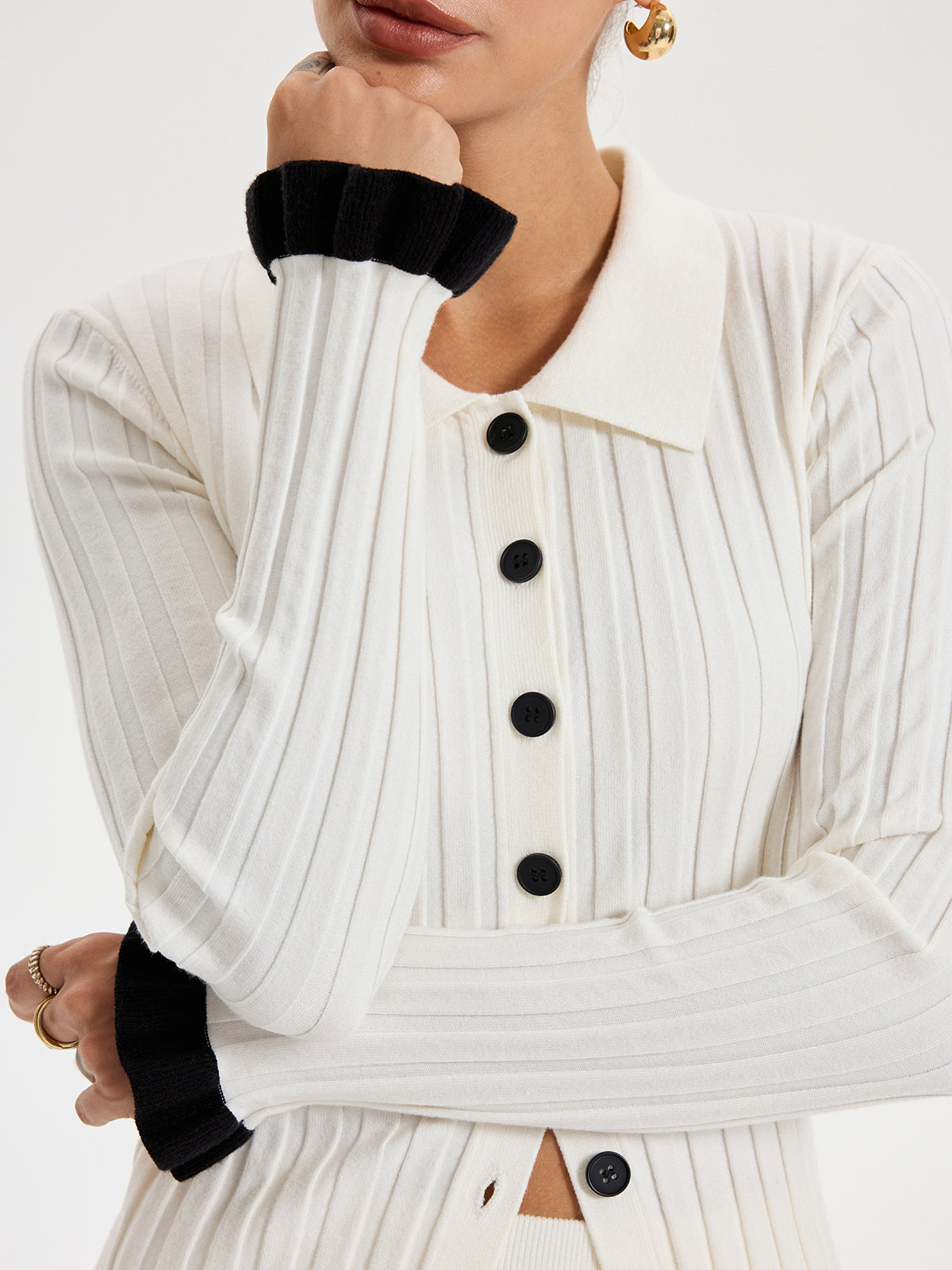 Rib-knit Cardigan with Contrasting Ruffles