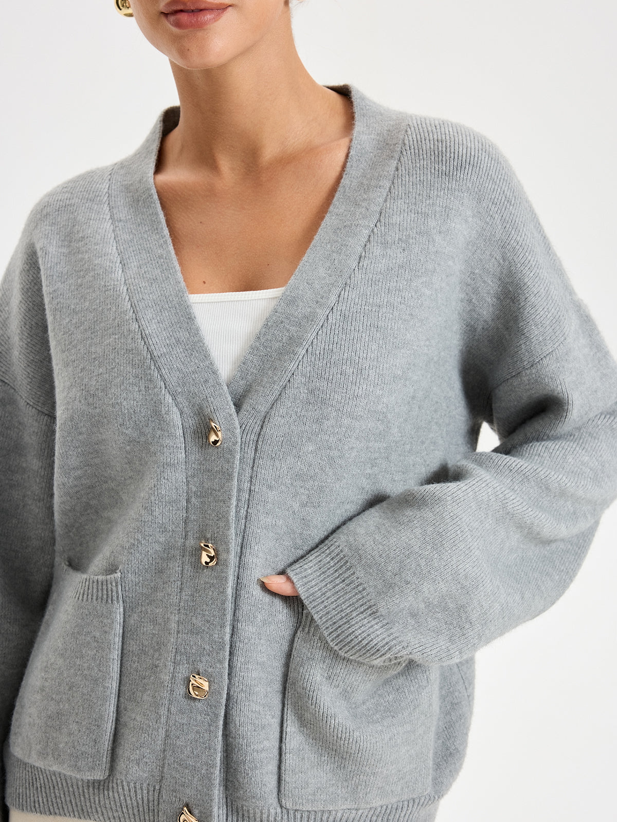 V-Neck Pocketed Metal Button Cardigan