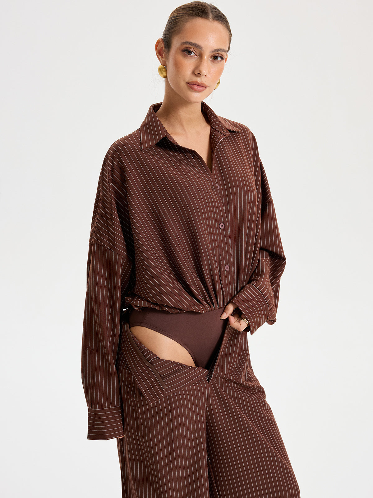 Shirt Collar Pinstripe Long Sleeve Bodysuit