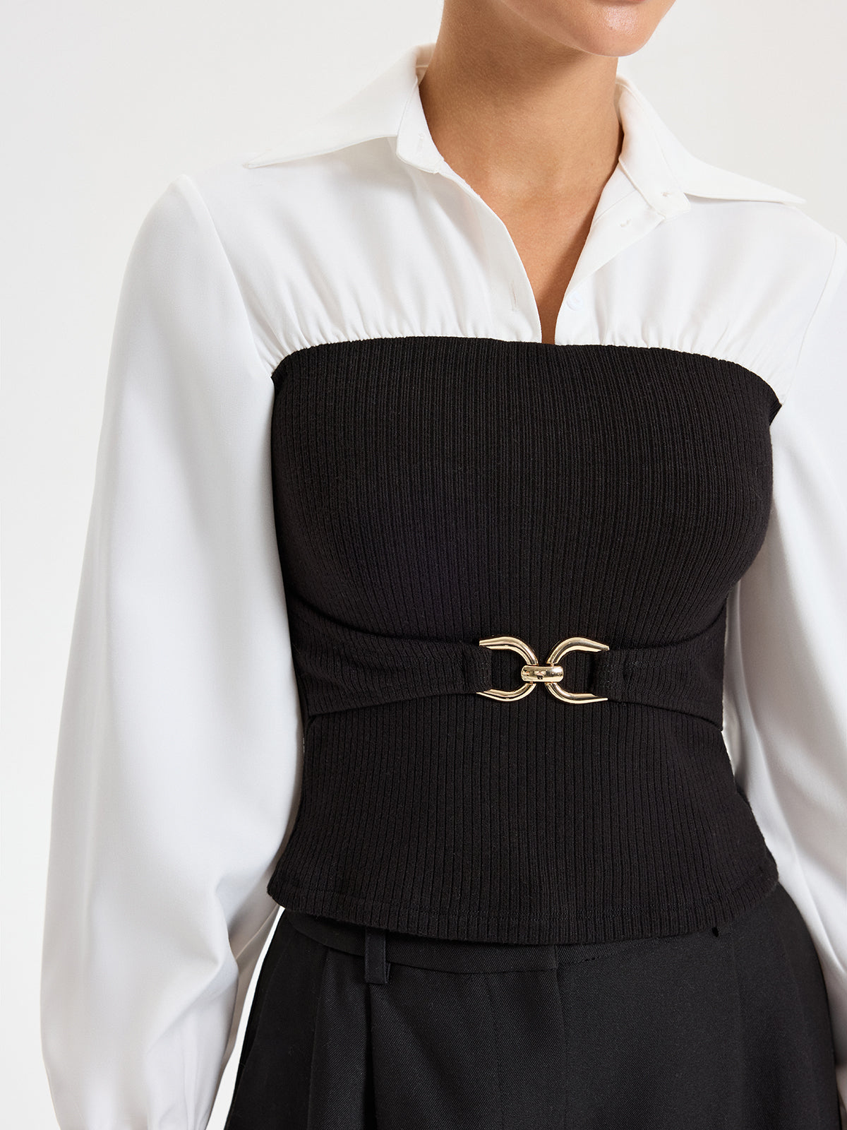 Contrast Ribbed Paneled Long Sleeve Shirt