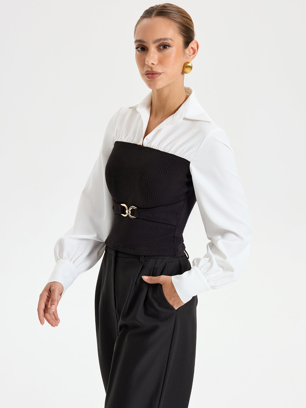 Contrast Ribbed Paneled Long Sleeve Shirt