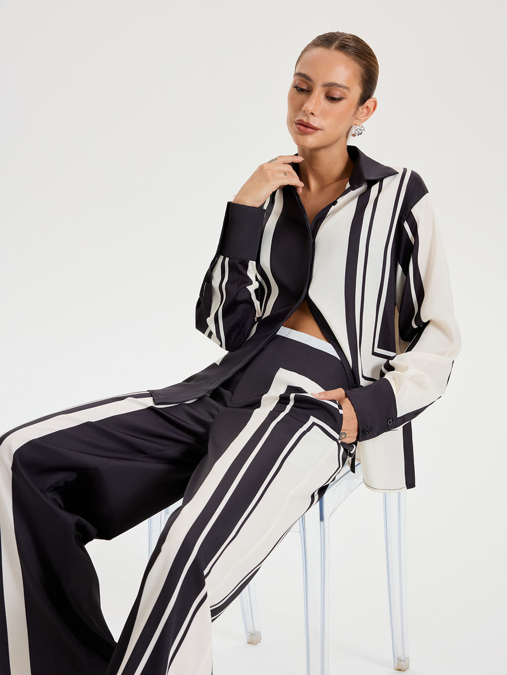Contrast Striped Lapel Collar Shirt