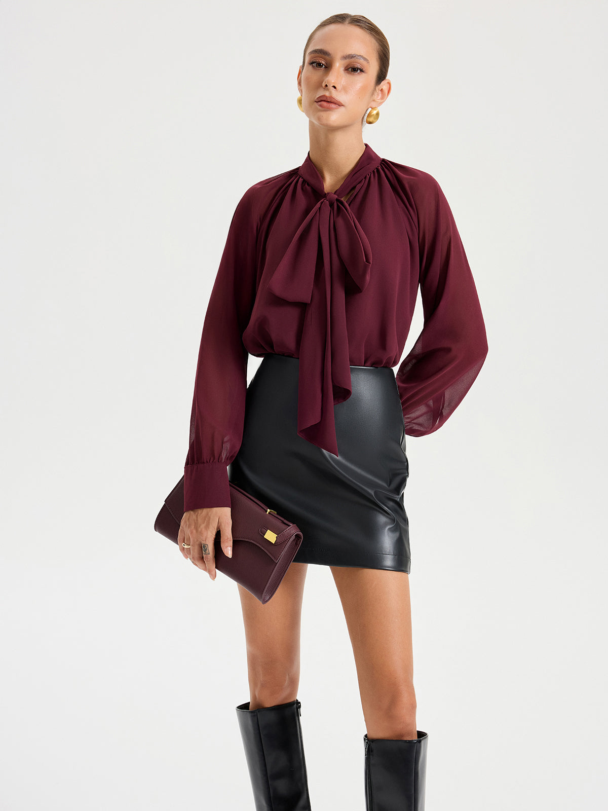 Tie Neck Long Sleeved Chiffon Blouse