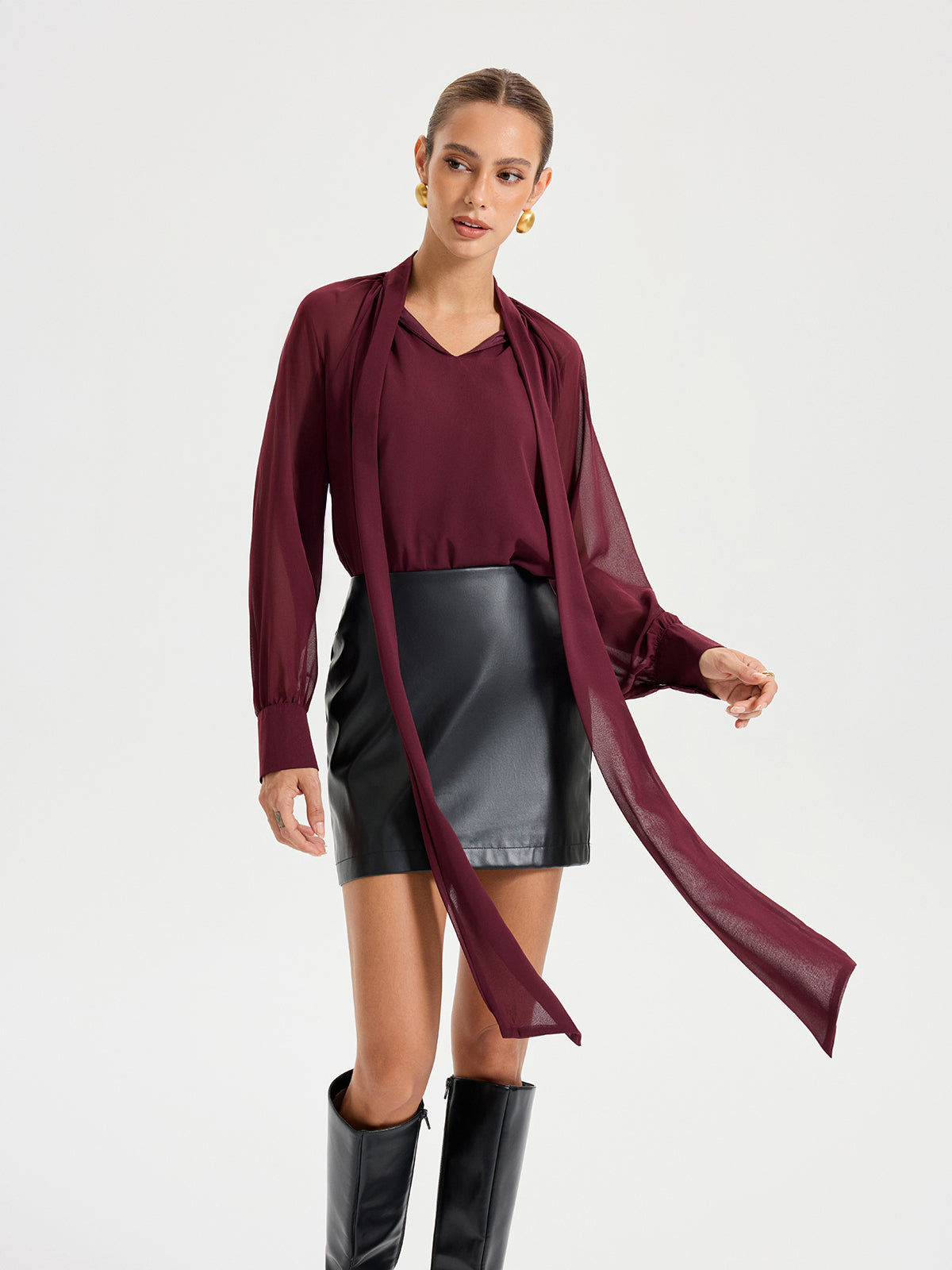 Tie Neck Long Sleeved Chiffon Blouse