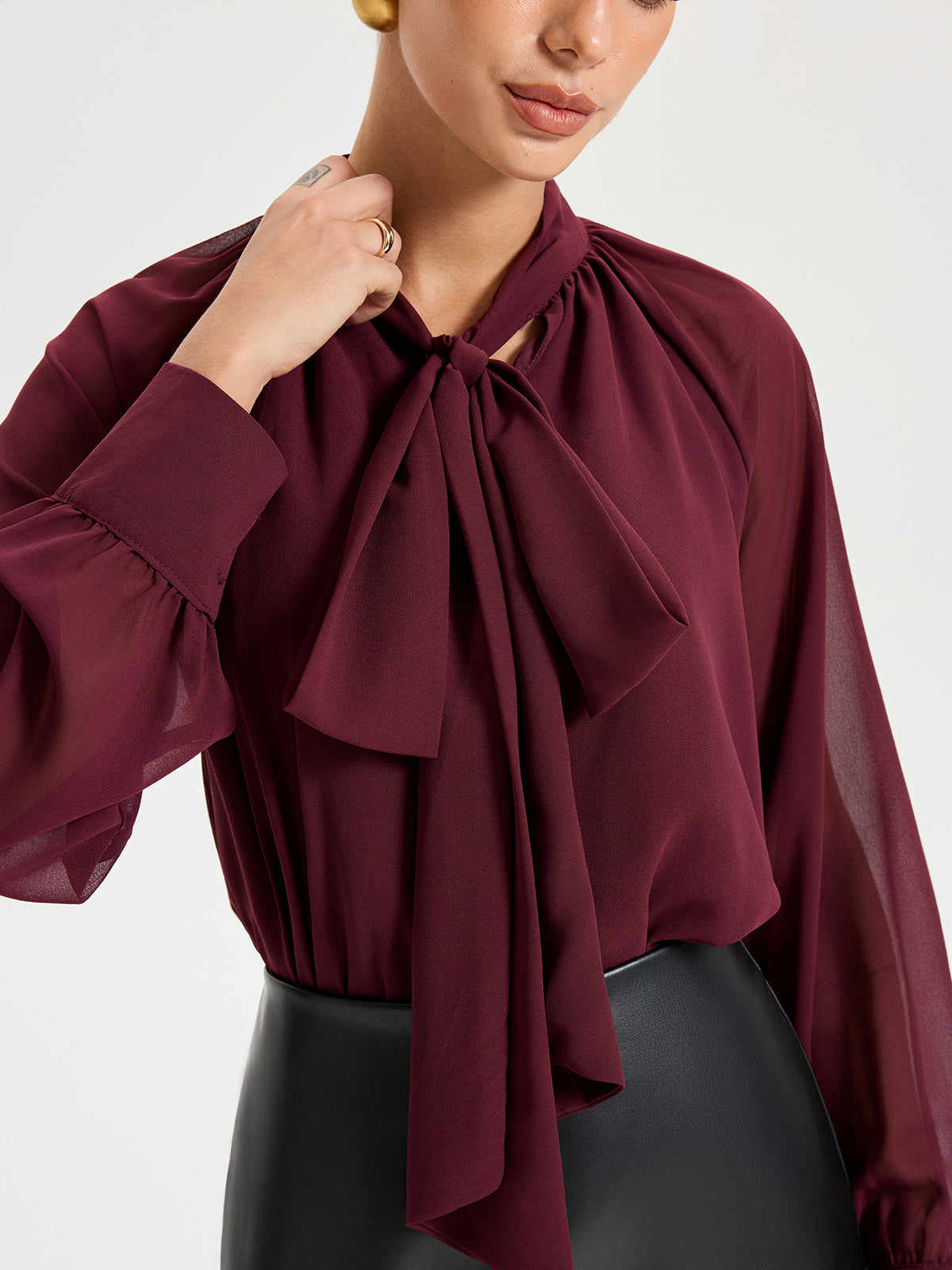 Tie Neck Long Sleeved Chiffon Blouse