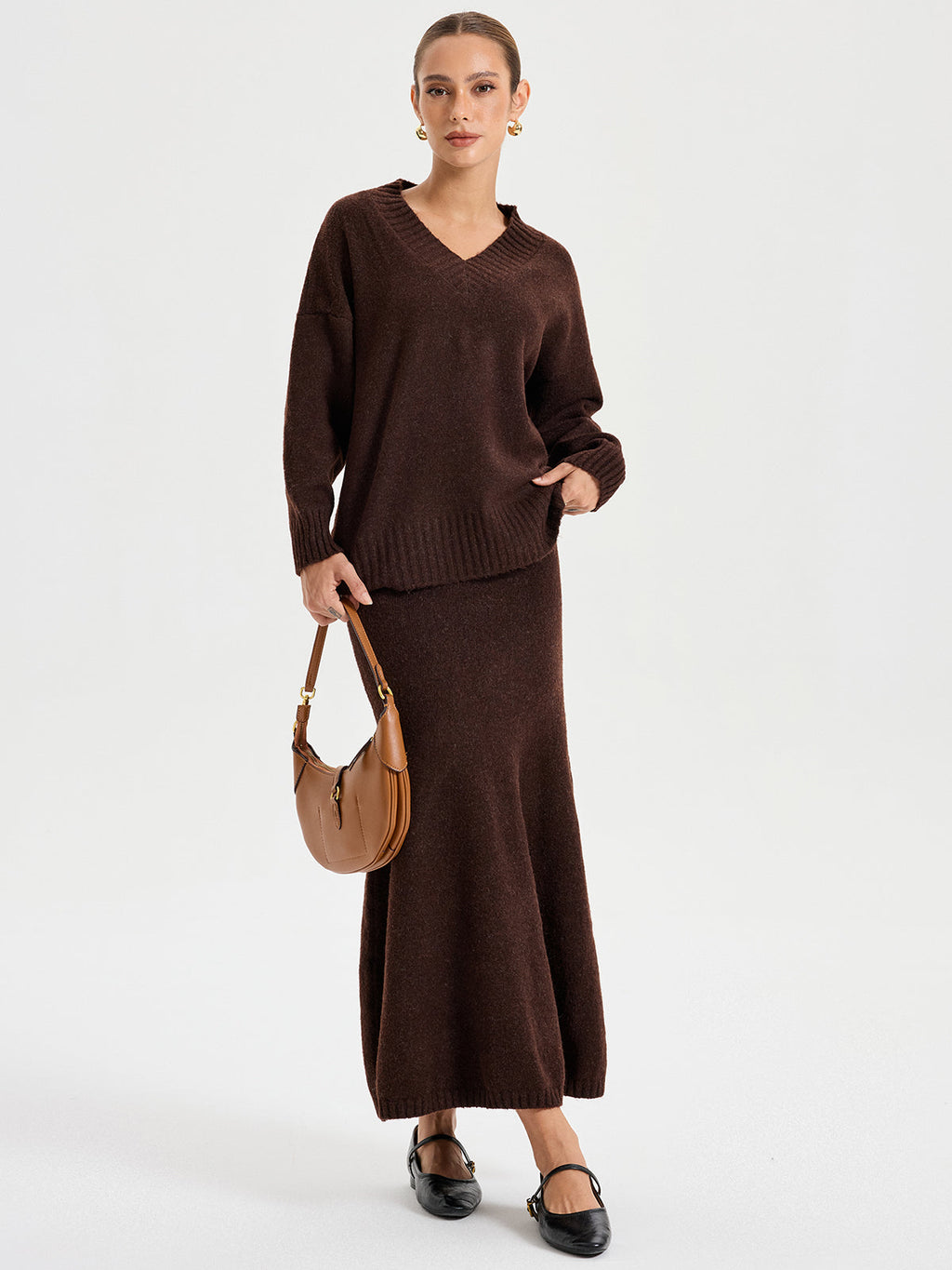 Zweiteiler mit V-Ausschnitt-Strickpullover
