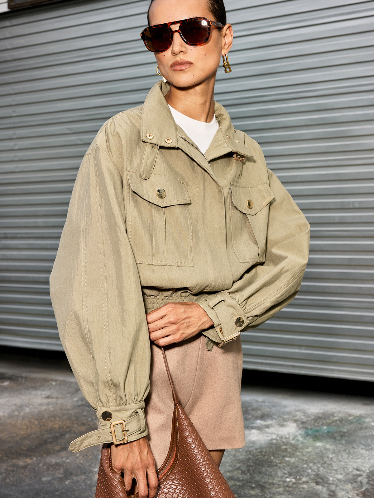 Belted Collar Cotton Blend Cropped Jacket