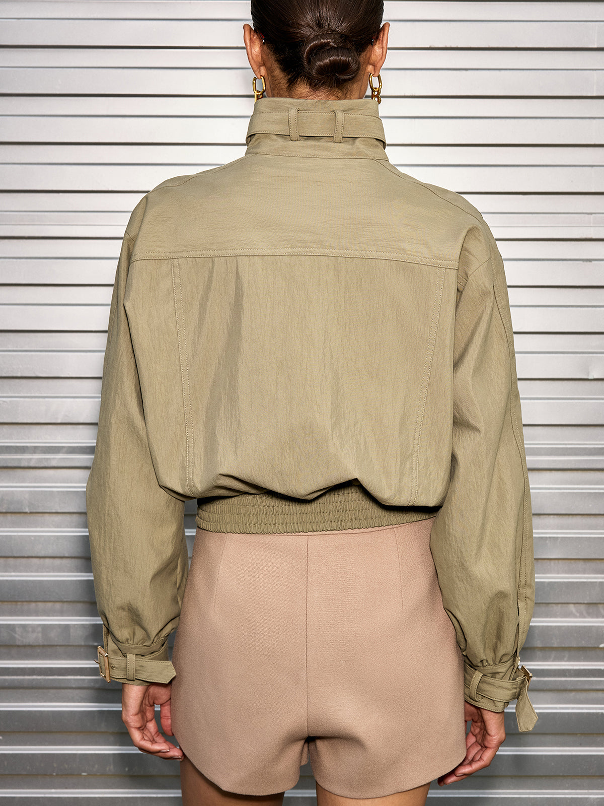 Belted Collar Cotton Blend Cropped Jacket