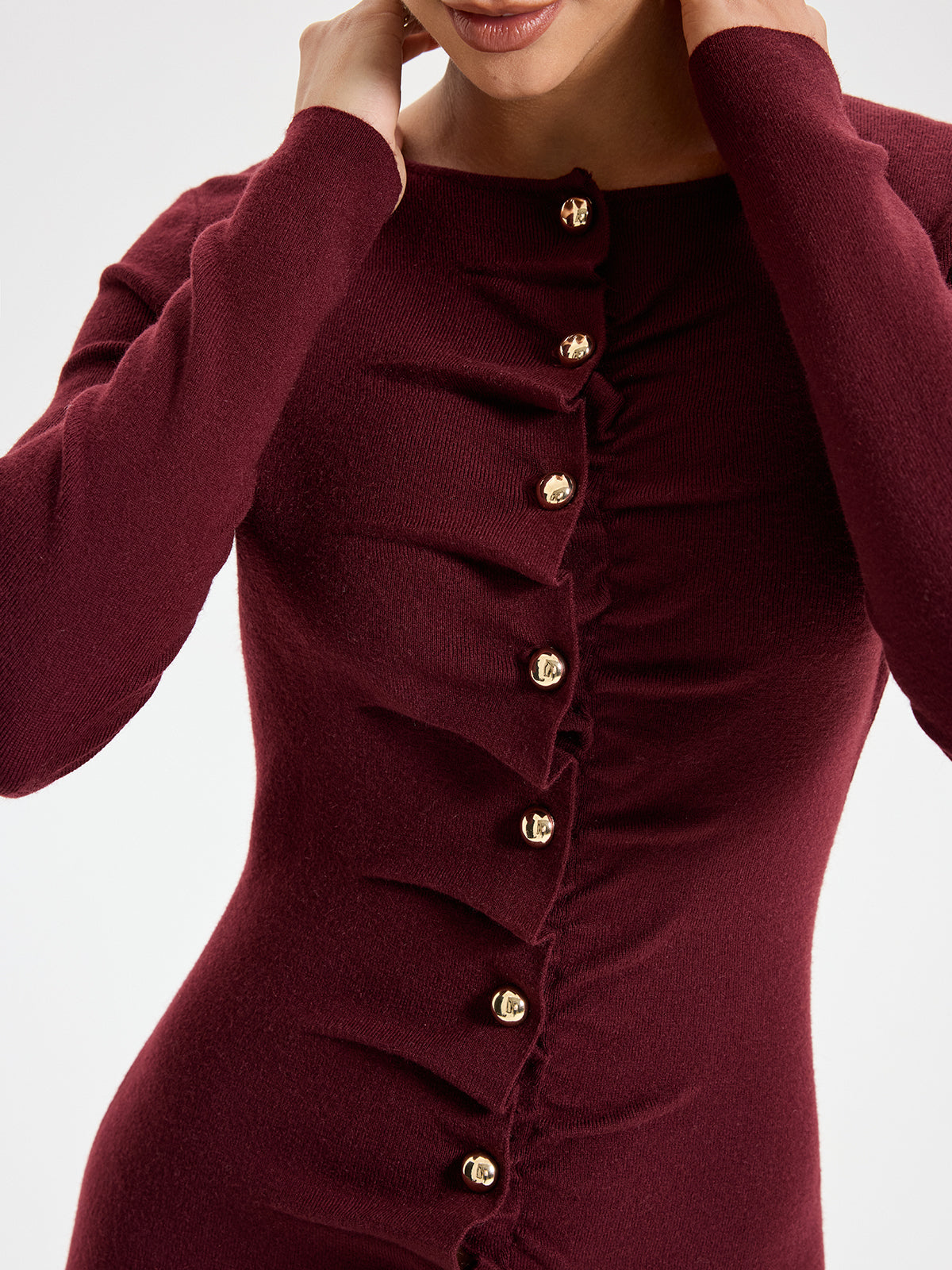 Elegant Long Sleeve Wide Neck Button Front Knit Dress