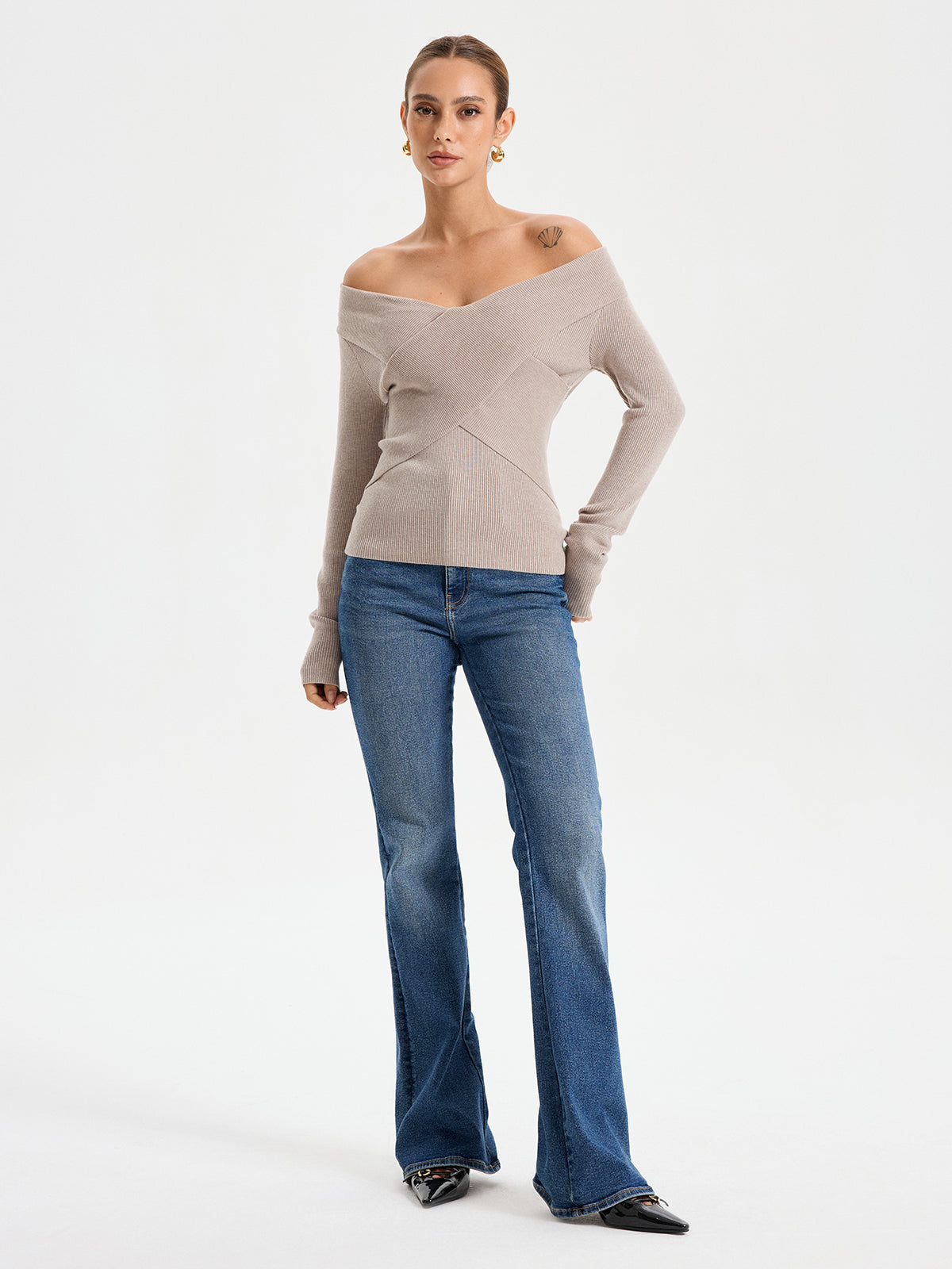 Frenchy Off Shoulder Crossover Sweater