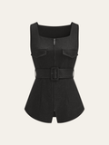 Square Neck Zip Front Belted Vest