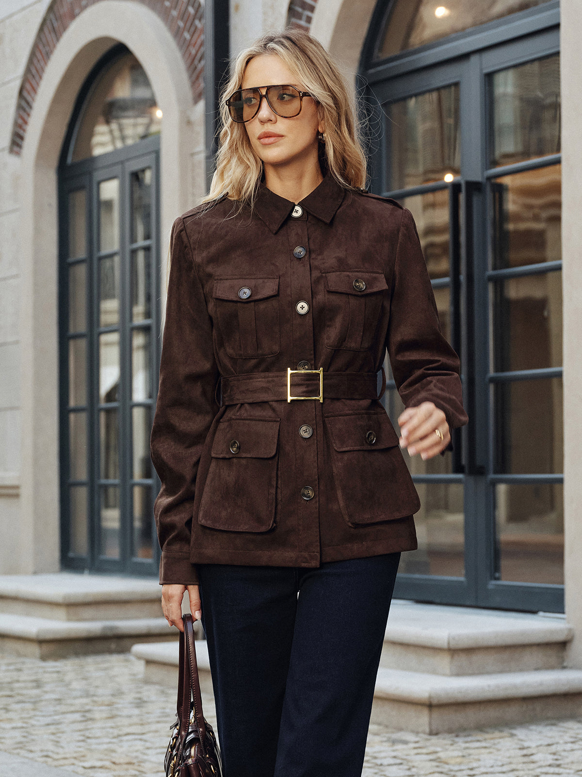 Multiple Pocket Belted Suede Effect Trench Coat
