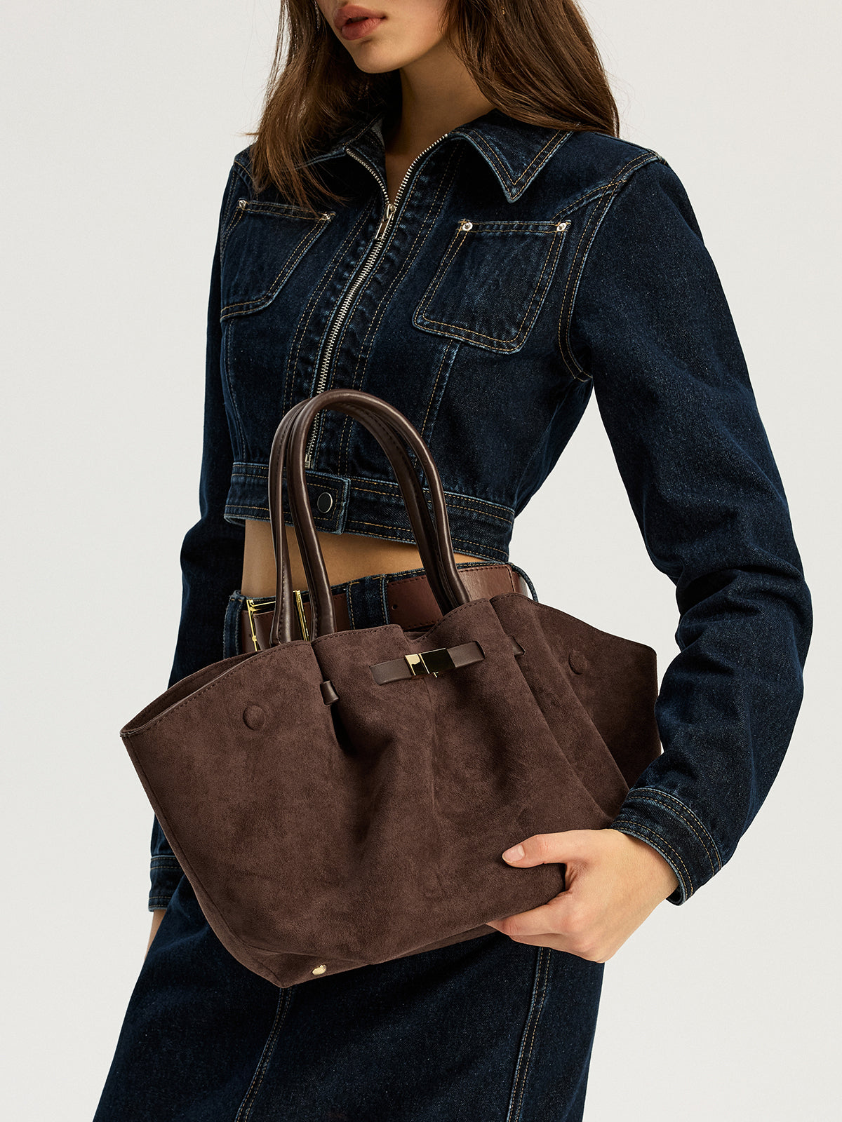 Suede Leather-Trimmed Tote Bag