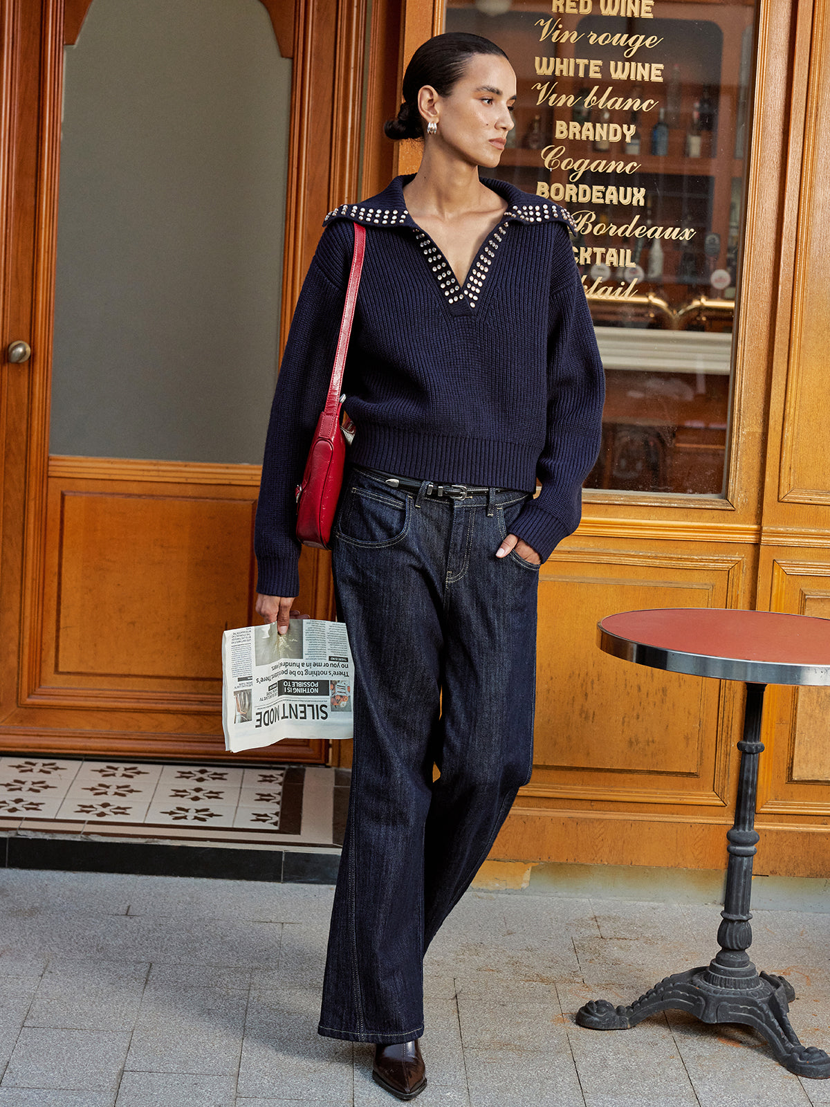 Studded Collar Wool Blend V-Neck Sweater