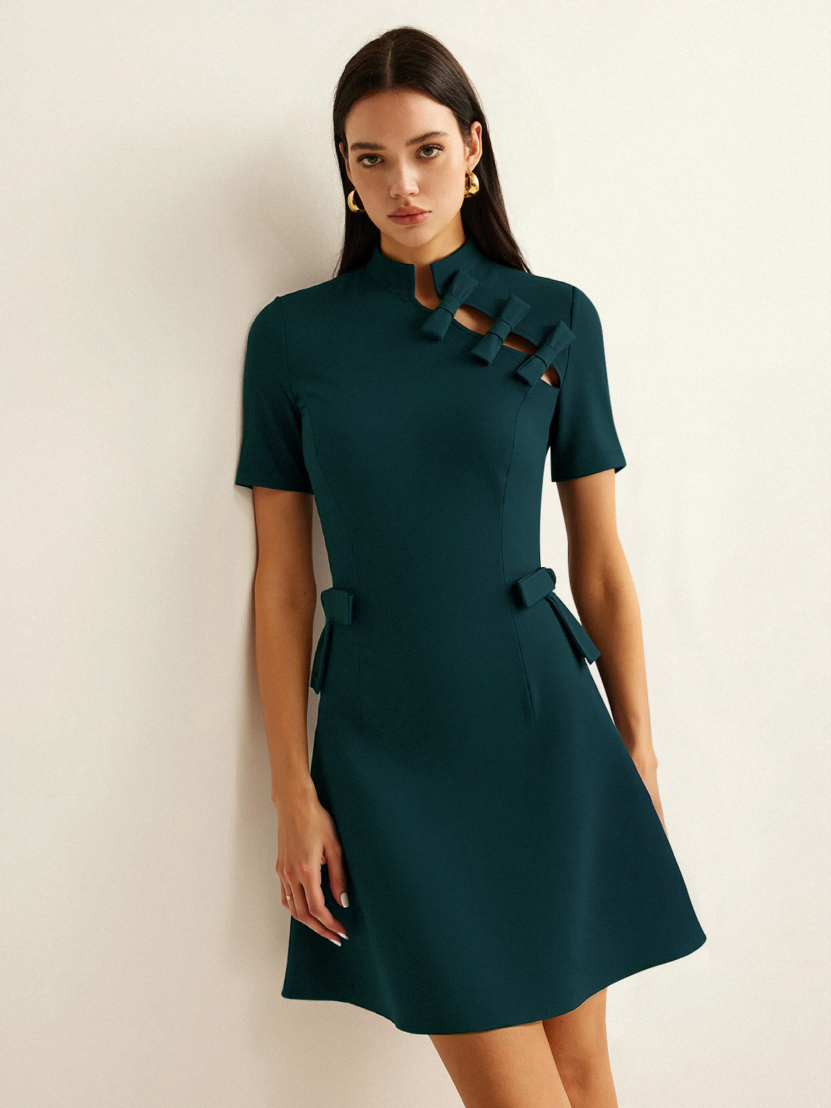 Bow Cut-Out Stand Collar Short Sleeve Dress