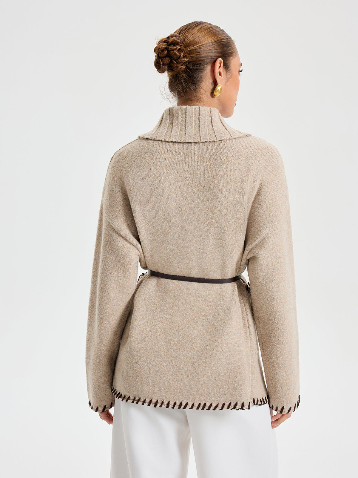 Contrast Stitched Shawl Collar Belted Knit Outerwear