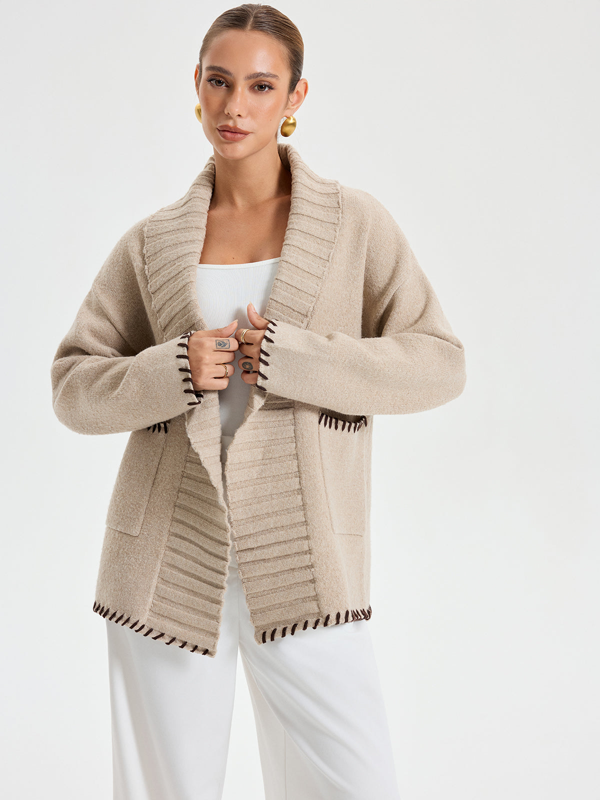 Contrast Stitched Shawl Collar Belted Knit Outerwear