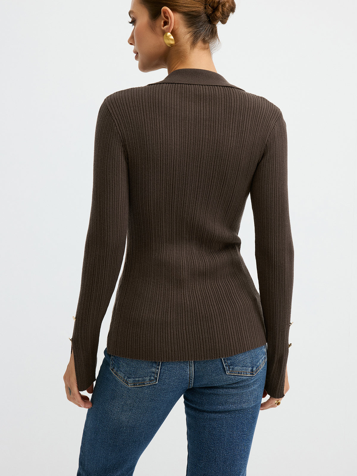 Polo Neck Ribbed Knit Top
