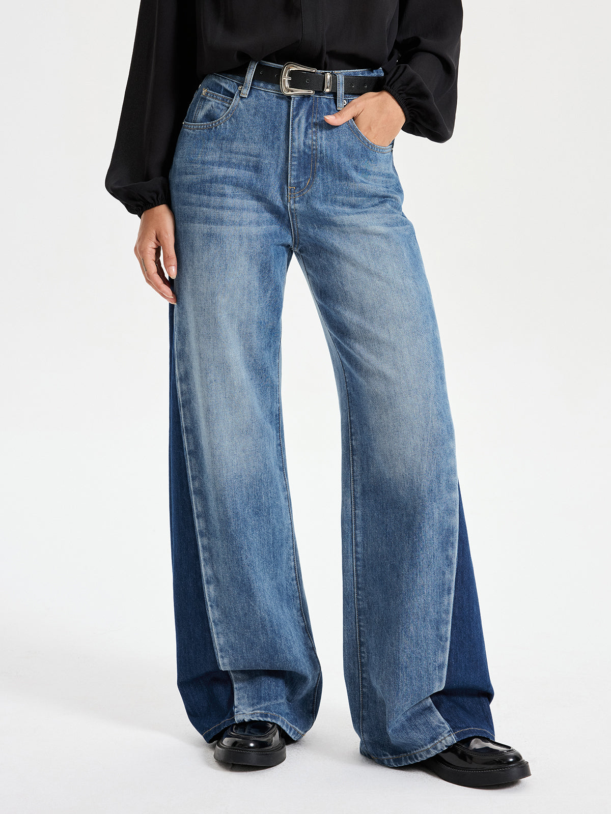 Jean large "barrel" bicolore