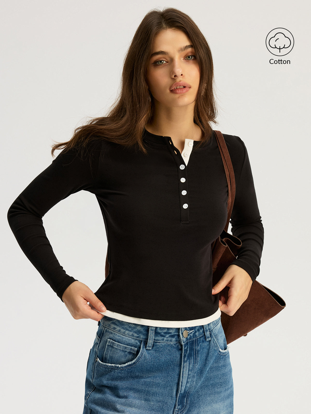 Contrast Trim Cotton Blend Long Sleeve Top
