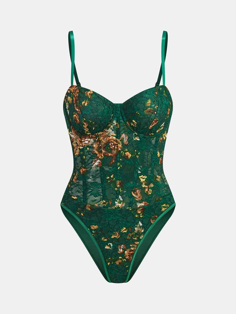 Floral Print Embroidery Bustier Corset Bodysuit