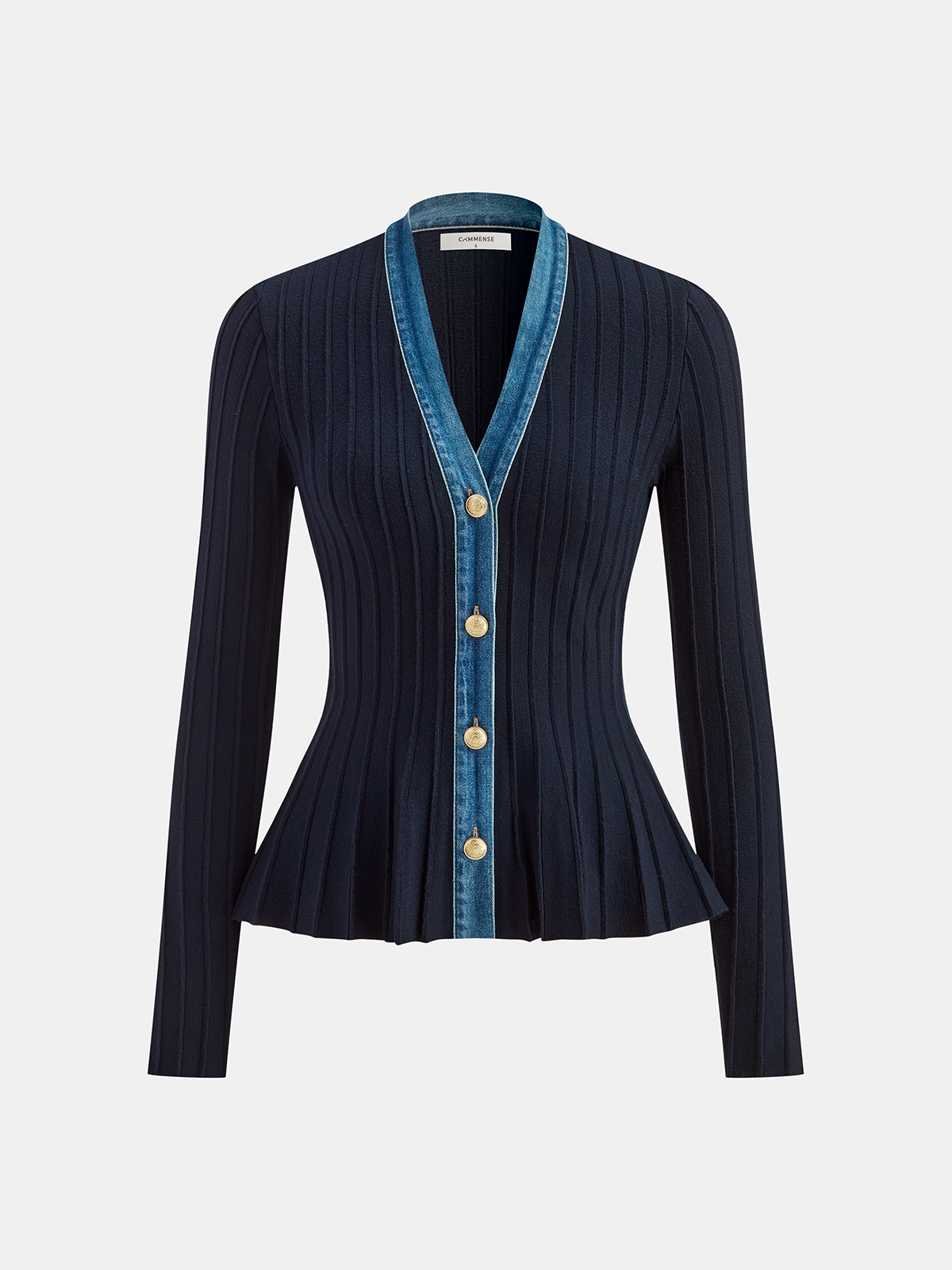 Denim Trim Knitted Peplum Cardigan