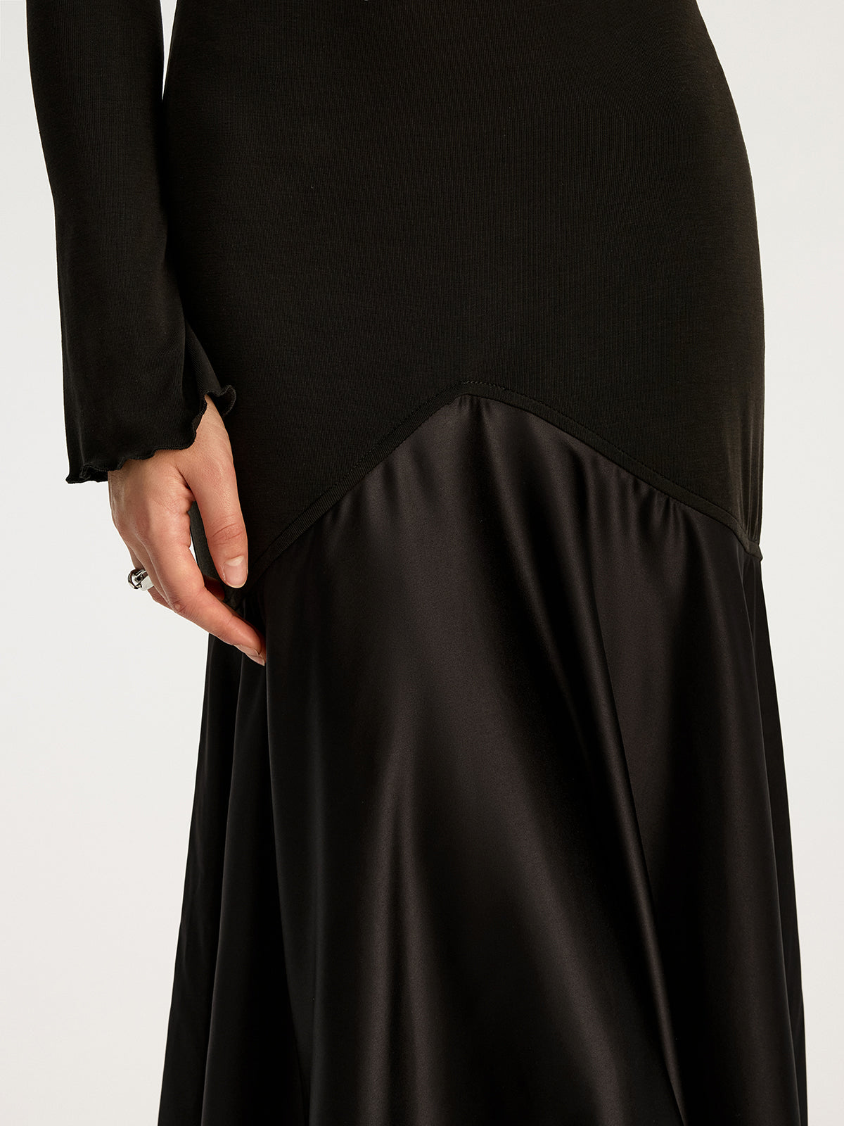 Satin Panel Jersey Sqaure Neck Long Dress