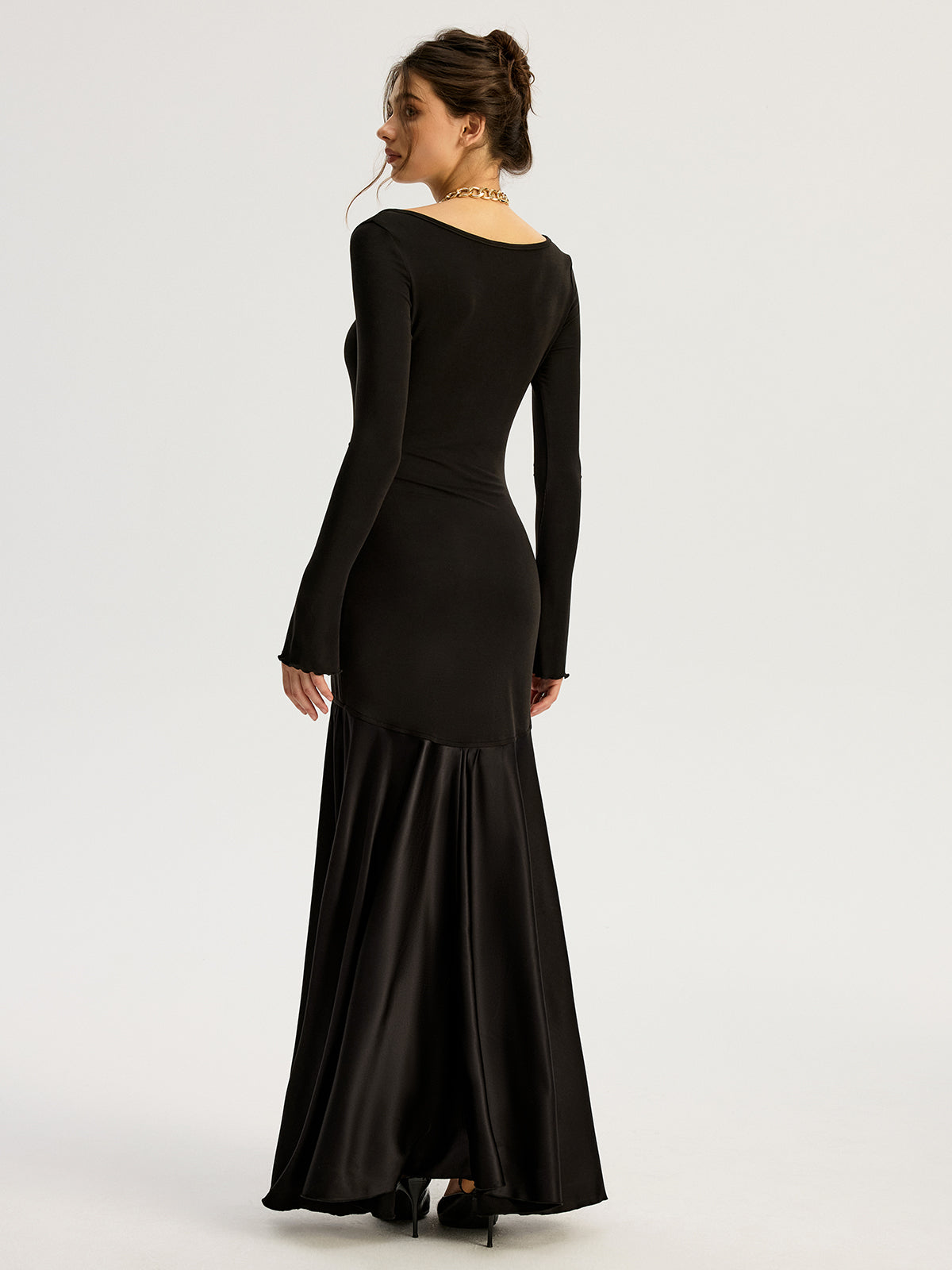 Satin Panel Jersey Sqaure Neck Long Dress