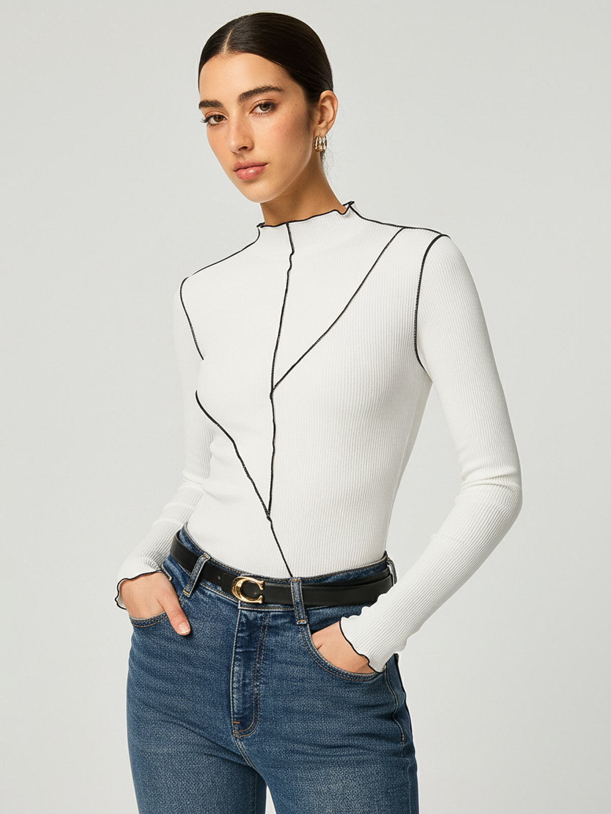 Contrast Stitch Round Neck Long-sleeve Top
