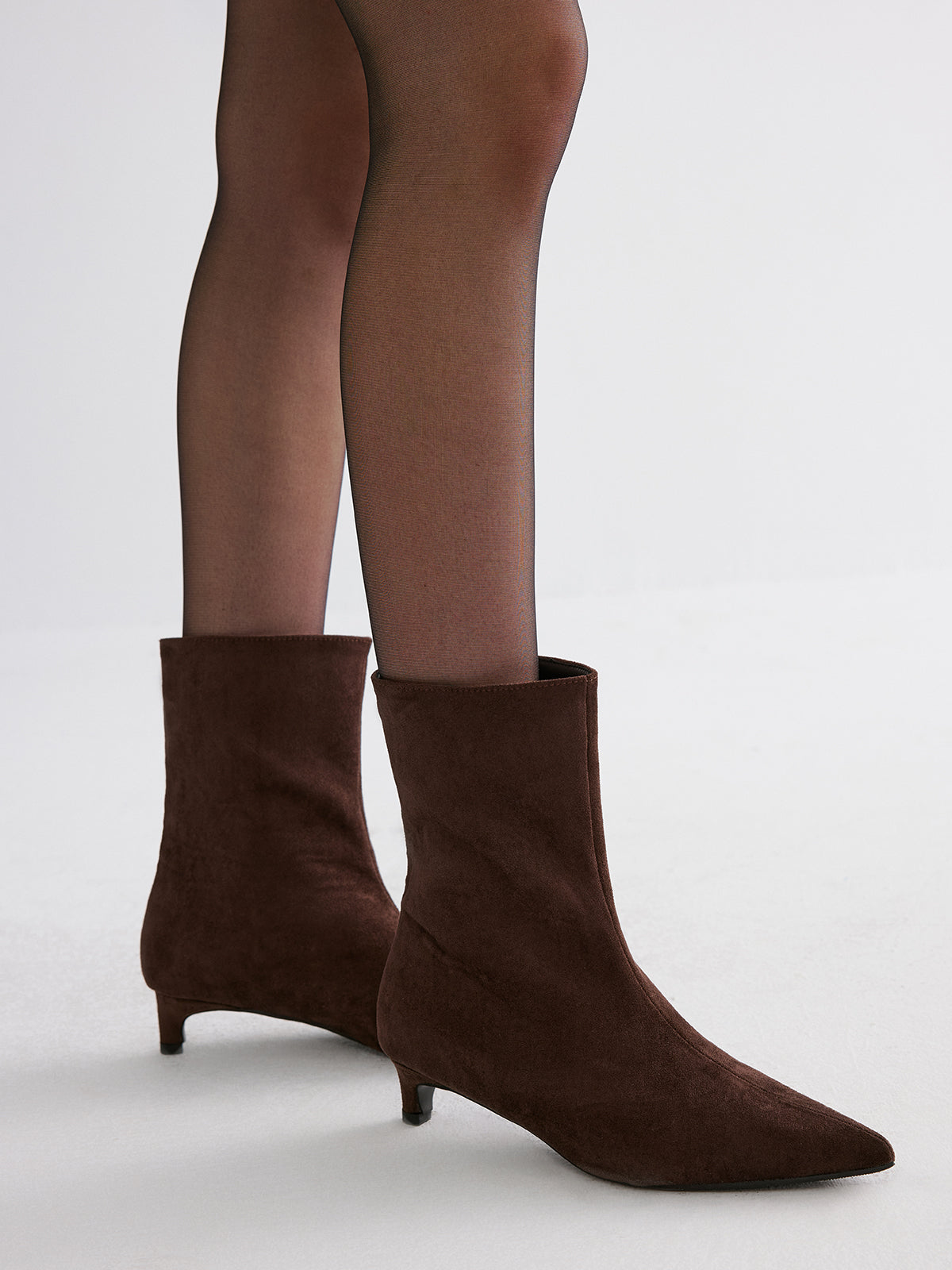 Suede Pointed-Toe Kitten Heel Ankle Boots