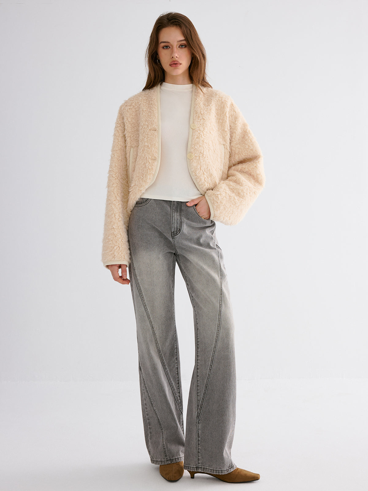 Drop-Shoulder Cropped Fuzzy Coat