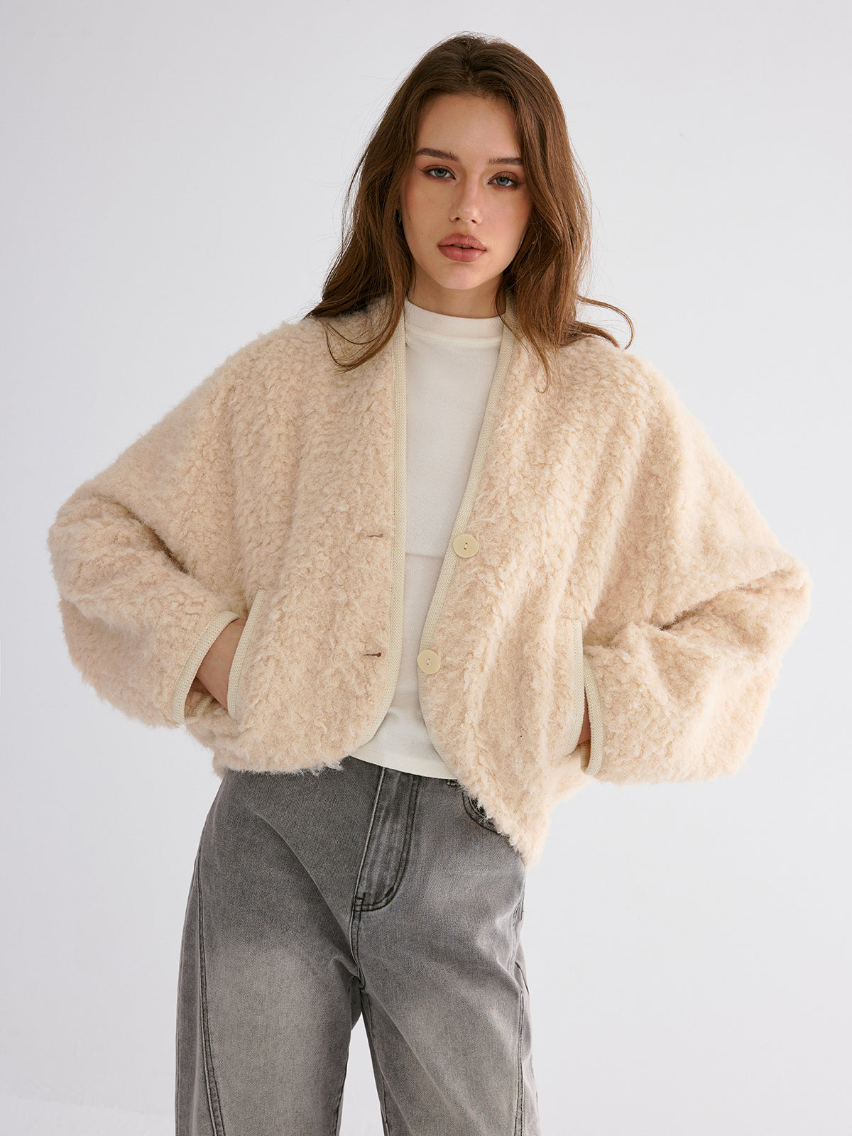 Drop-Shoulder Cropped Fuzzy Coat