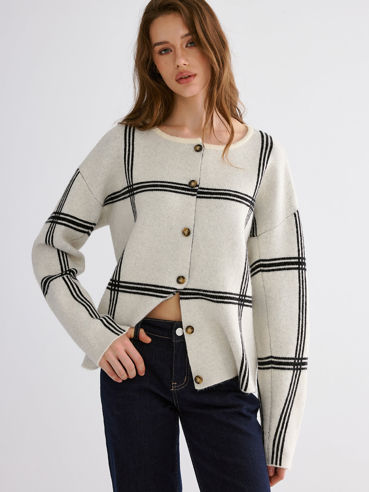 Wrap Scarf Check Print Cardigan