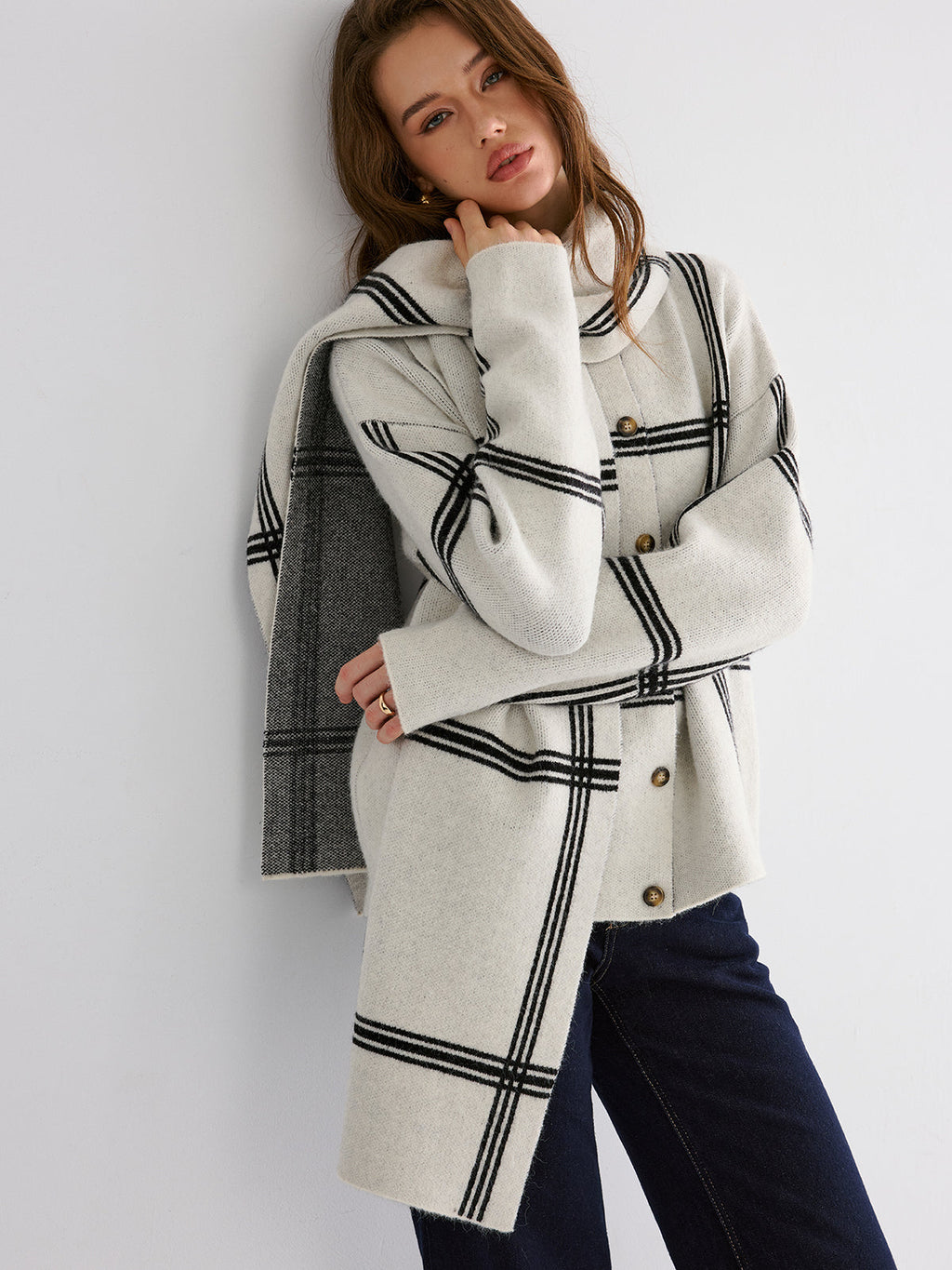 Wrap Scarf Check Print Cardigan