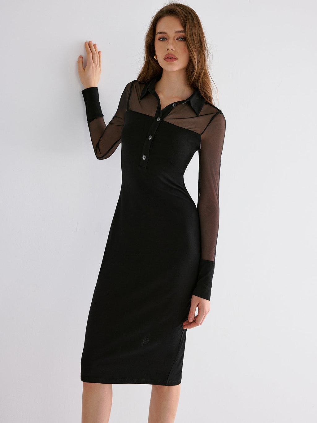 Midi-Kleid mit Mesh-Kragen in Kontrastfarbe