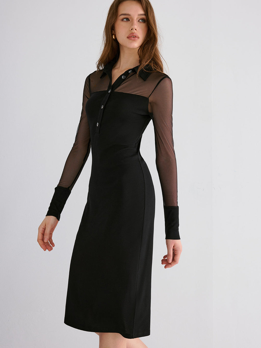 Midi-Kleid mit Mesh-Kragen in Kontrastfarbe