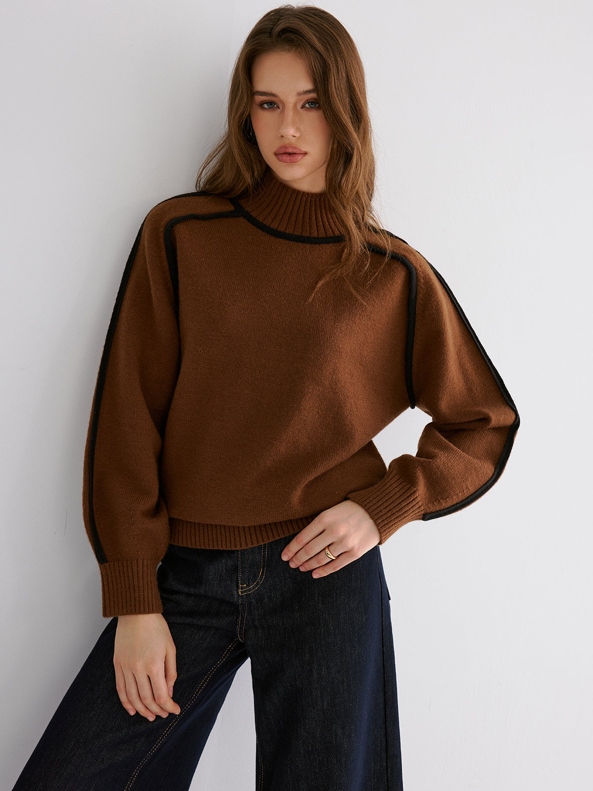 Knit Contrast Binding High Neck Sweater