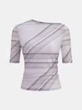 Asymmetric Neck Striped Mesh Top