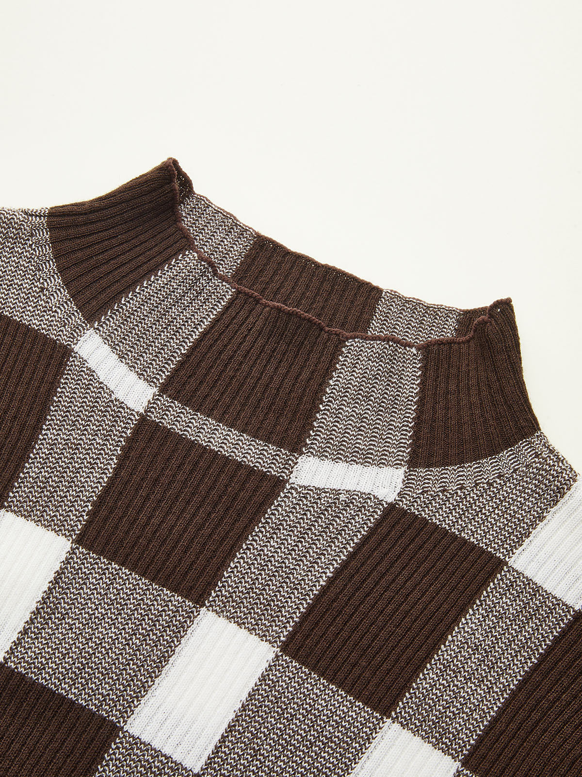 Checkered Wool-Blend Mock Neck Knit Top