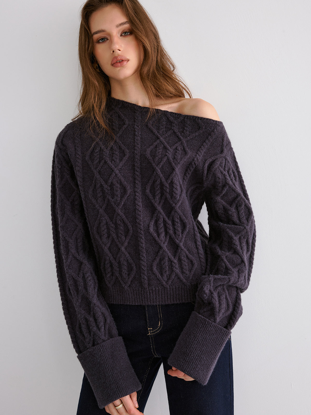 Zopfmuster-Off-Shoulder-Pullover