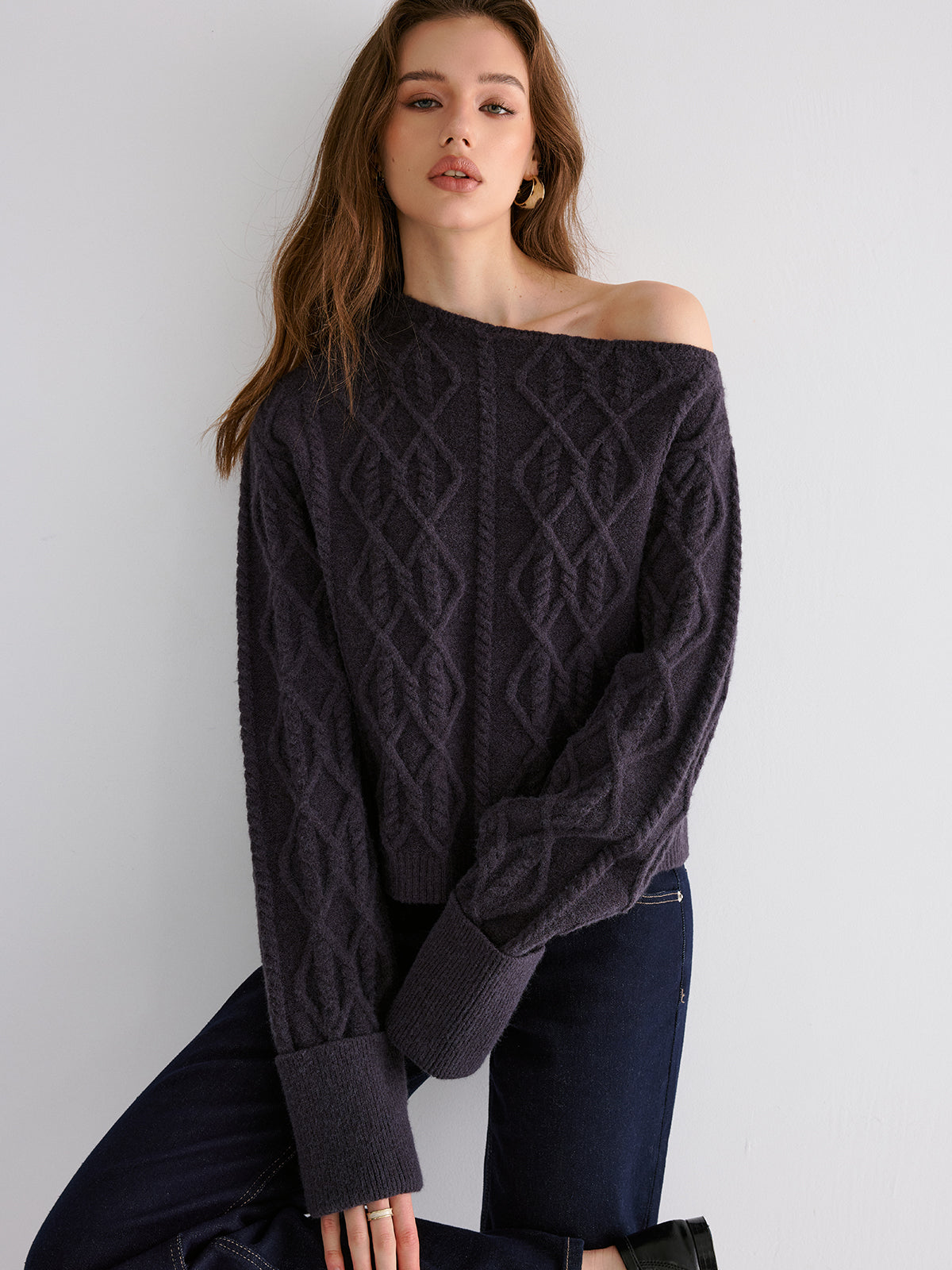 Cable Knit Off-shoulder Sweater